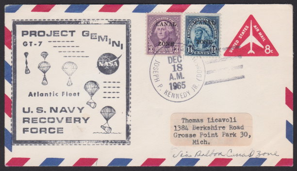 Front of Gemini 7 cover with 14-cent American Indian stamp