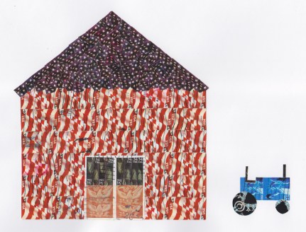 Stamp collage picturing barn and tractor