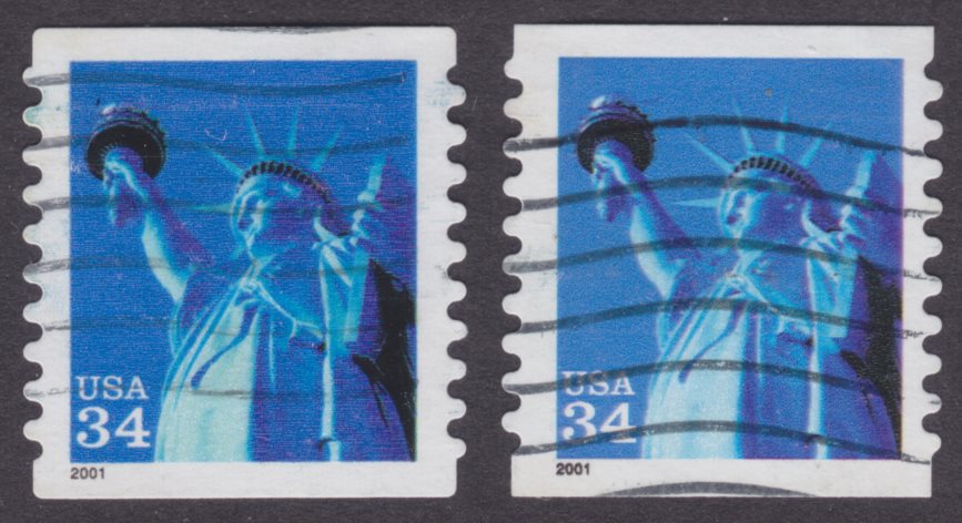 United States 34¢ Statue of Liberty stamps with rounded and square corners