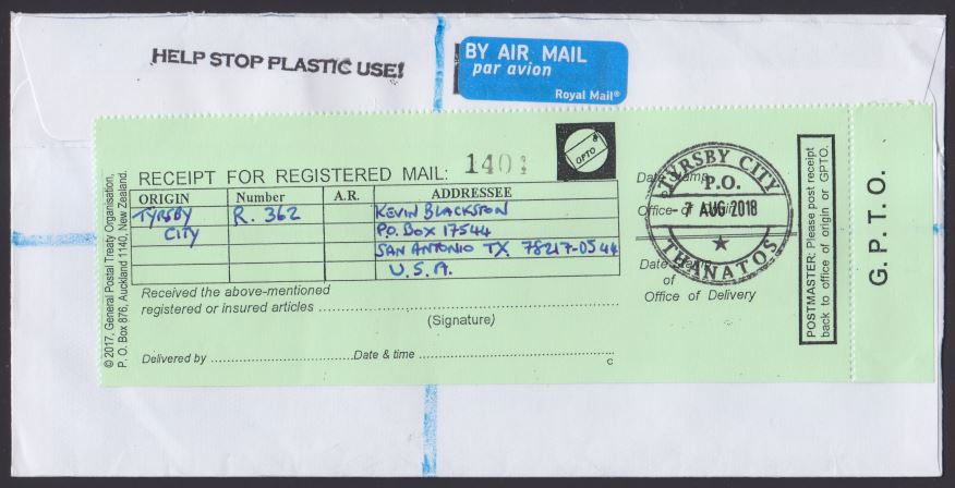 Reverse of registered cover bearing receipt for registered mail