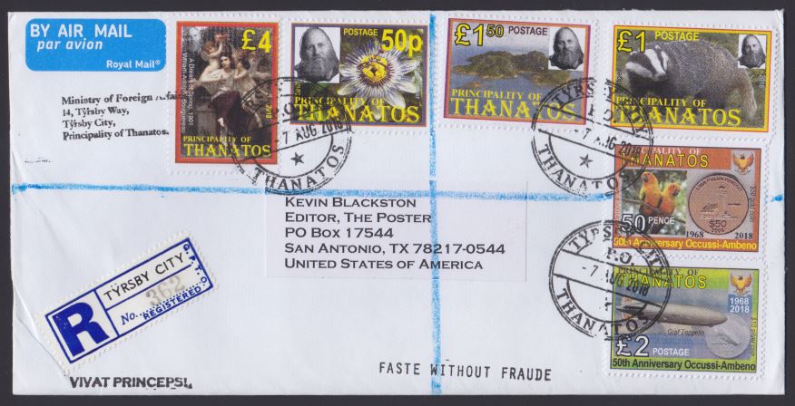 Front of registered cover bearing Principality of Thanatos stamps