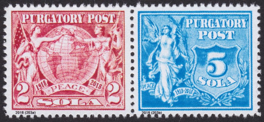Purgatory Post 2- and 5-sola stamps picturing allegorical figures