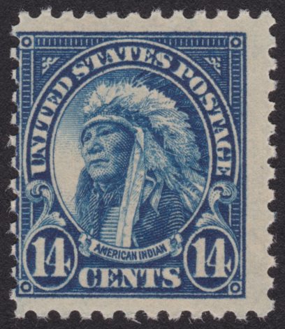 United States American Indian stamp with diagonal scratch running through second 'S' in 'STATES' and into headdress