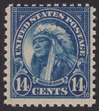 United States American Indian stamp with vertical sratch to left of face