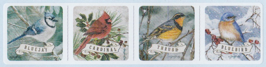 Boys Town cinderella stamp picturing bluejay, cardinal, thrush, and bluebird