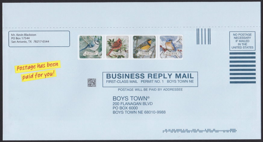 Boys Town business reply envelope bearing cinderella stamp depicting bluejay, cardinal, thrush, and bluebird