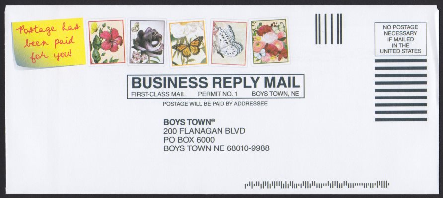Boys Town business reply cover with five preprinted stamp-like images
