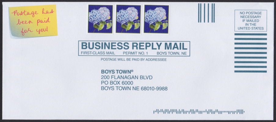 Boys Town business reply envelope bearing hydrangea cinderella stamps