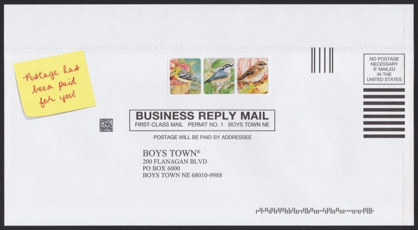 Boys Town business reply envelope bearing cinderella stamp picturing three birds