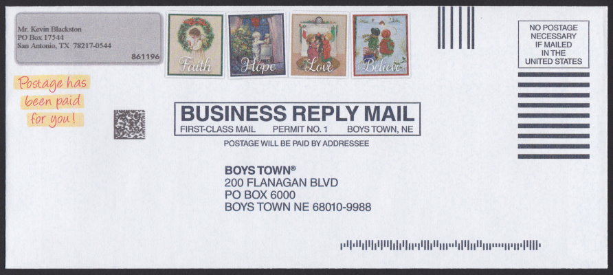 Boys Town business reply envelope bearing four pre-printed stamp-sized designs