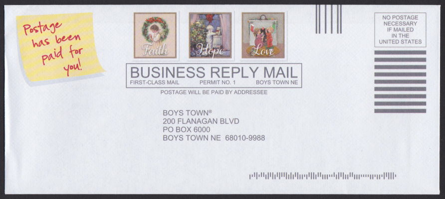 Boys Town business reply envelope bearing three pre-printed stamp-sized designs