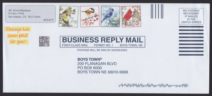 Boys Town business reply envelope bearing four pre-printed stamp-sized designs picturing birds
