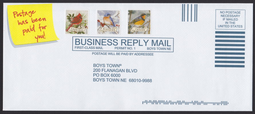Boys Town business reply envelope bearing cardinal, bluebird, and thrush cinderella stamps
