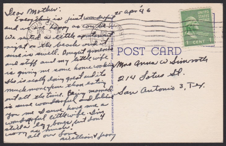 Reverse of 1940s postcard with message from newlywed to his mother