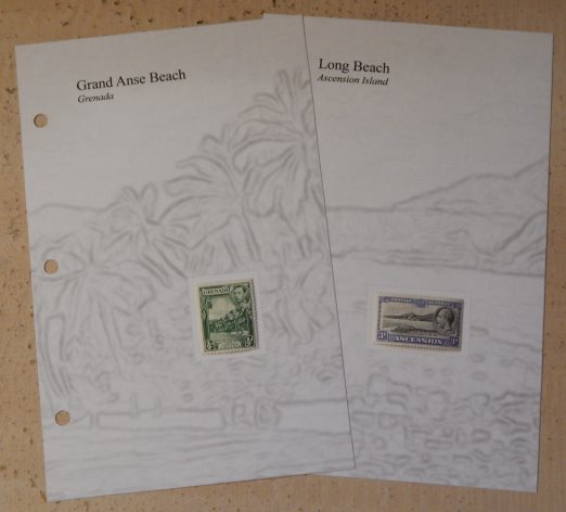 Stamp album pages for stamps picturing Grand Anse Beach, Grenada, and Long Beach, Ascension Island