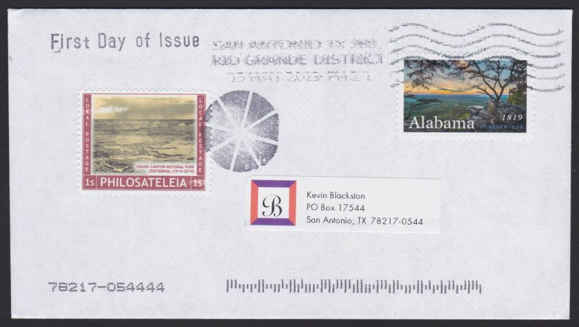 First day cover bearing copy of Philosateleian Post Grand Canyon National Park Centennial local post stamp