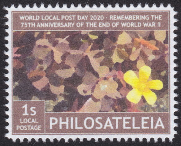 1-stamp Philosateleian Post stamp picturing single yellow flower against background of brown flowers