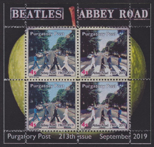 Purgatory Post miniature sheet containing four 4-sola stamps picturing The Beatles