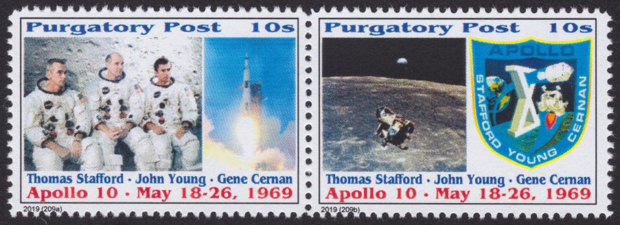 Pair of 10-sola Purgatory Post Apollo 10 stamps picturing crew, spacecraft, lunar module, and mission patch