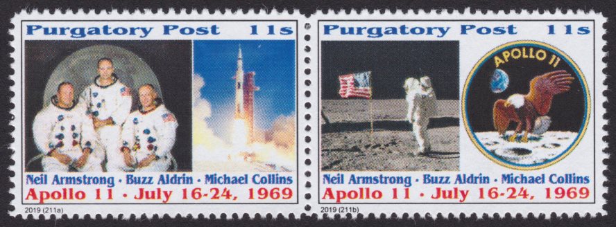 Pair of 11-sola Purgatory Post Apollo 11 stamps picturing crew, spacecraft, Neil Armstrong and an American flag, and mission patch