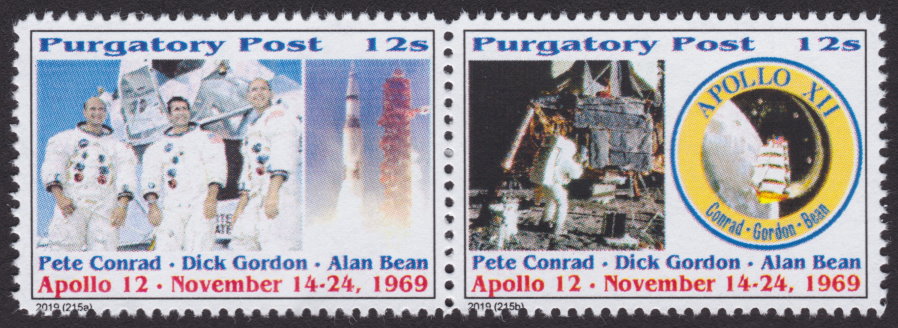 Pair of 12-sola Purgatory Post Apollo 12 stamps picturing crew, spacecraft, Alan Beach, and mission patch