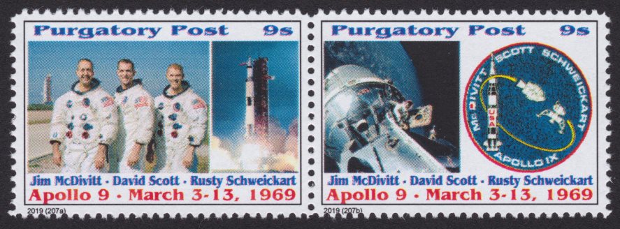 Pair of 9-sola Purgatory Post stamps commemorating Apollo 9