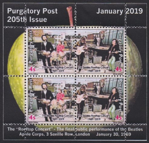 Miniature sheet containing four 4-sola Purgatory Post stamps picturing The Beatles performing on a London rooftop