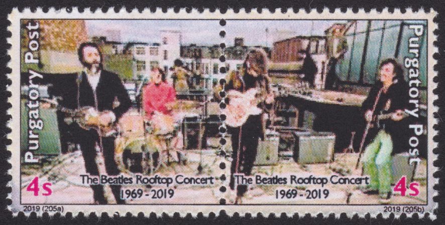 Pair of 4-sola Purgatory Post stamps picturing The Beatles performing on a London rooftop