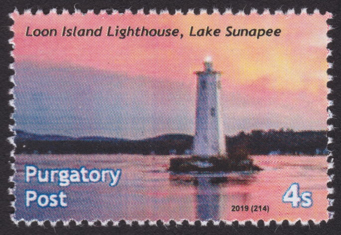 4-sola Purgatory Post stamp picturing Loon Island Lighthouse