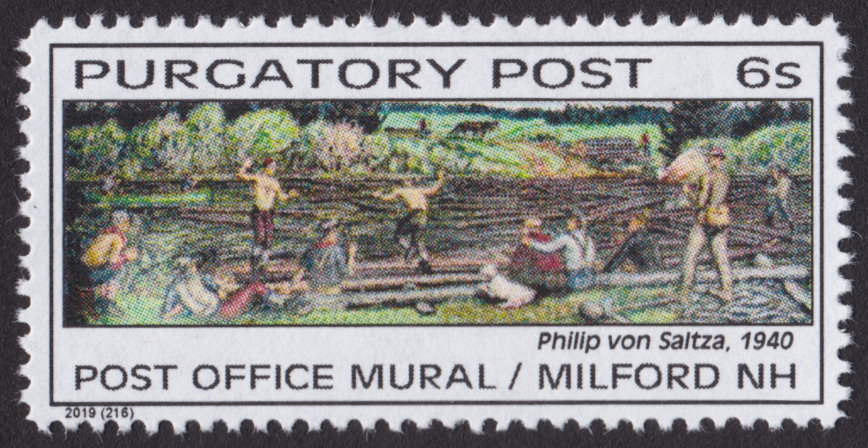 6-sola Purgatory Post stamp picturing Milford, New Hampshire, post office mural painted by Philip von Saltza