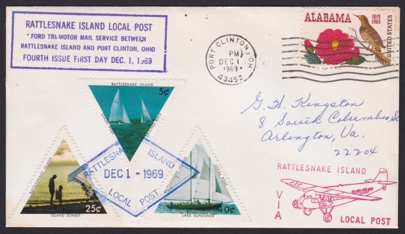 Cover bearing three Rattlesnake Island Local Post stamps canceled on December 1, 1969