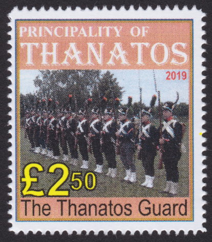£2.50 Principality of Thanatos stamp picturing members of Thanatos Guard