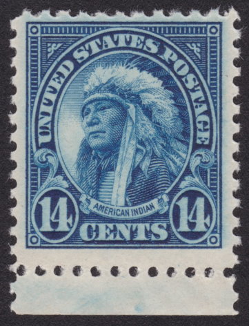 14¢ American Indian stamp with plate crack running from latter “S” in “States” to vignette