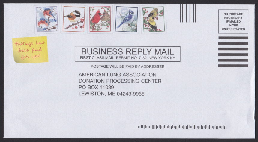 American Lung Association business reply envelope with five preprinted stamp-sized designs picturing birds