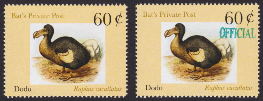 Pair of 60¢ Bat’s Private Post stamps picturing dodos