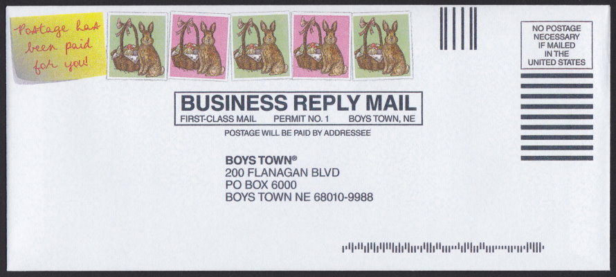 Boys Town business reply envelope bearing pre-printed Easter bunny designs
