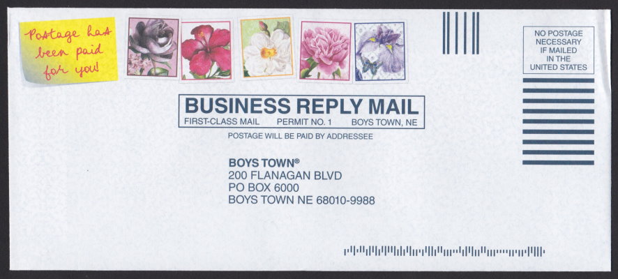 Boys Town business reply envelope bearing four pre-printed stamp-sized designs picturing flowers