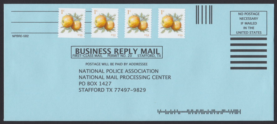 National Police Association business reply envelope bearing four 1#162; Apples stamps