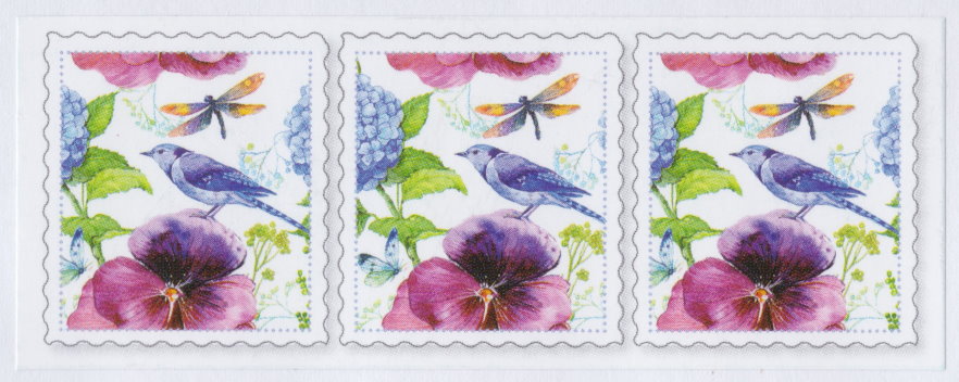 Label bearing three copies of design picturing blue jay, dragonfly, butterfly, and flowers