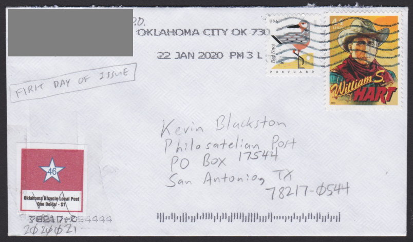 $1 Oklahoma Bicycle Local Post star stamp affixed to first day cover