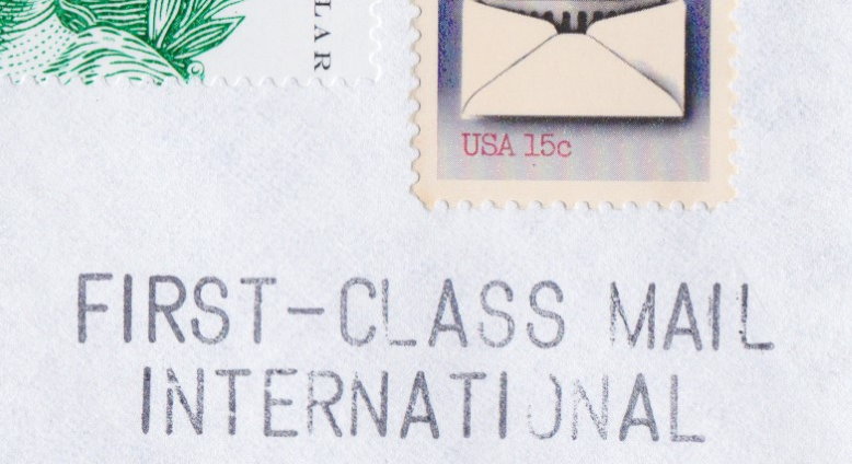 Philosateleian Post First-Class Mail International handstamp on portion of envelope
