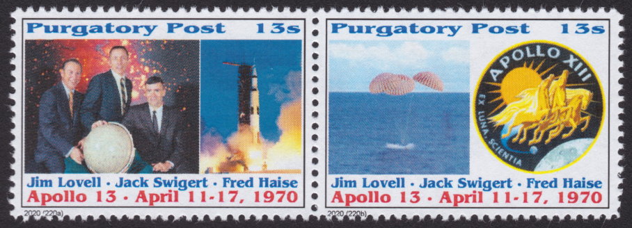 13-sola Purgatory Post stamps picturing Apollo 13 crew, spacecraft, and mission patch
