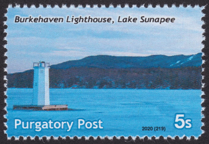 5-sola Purgatory Post stamp picturing Burkehaven Lighthouse on Lake Sunapee, New Hampshire