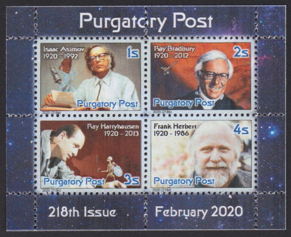 Miniature sheet of four Purgatory Post stamps picturing Isaac Asimov, Ray Bradbury, Ray Harryhausen, and Frank Herbert