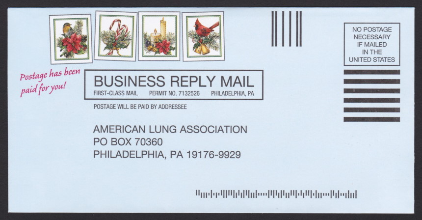 American Lung Association business reply envelope bearing four pre-printed Christmas-themed stamp-sized designs
