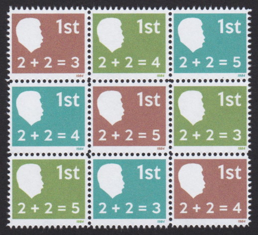 Oceania fantasy stamps bearing formulas 2+2=3, 2+2=4, and 2+2=5