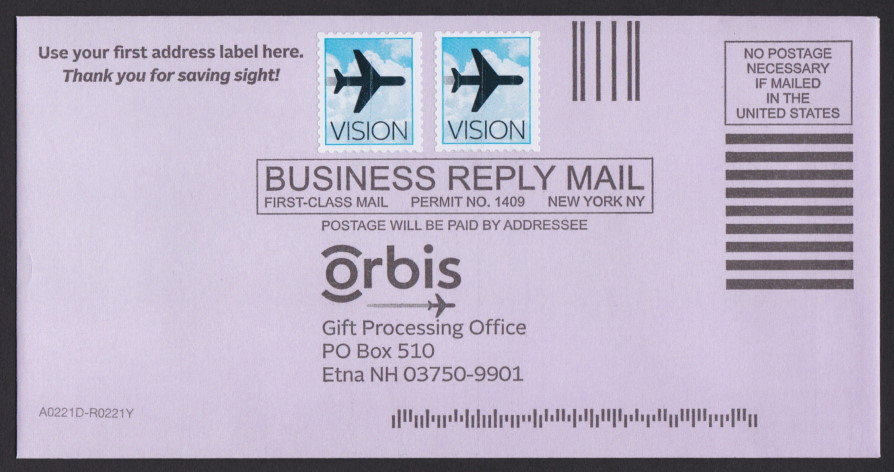Orbis business reply envelope bearing two cinderella stamps picturing airplane silhouette and word “Vision”