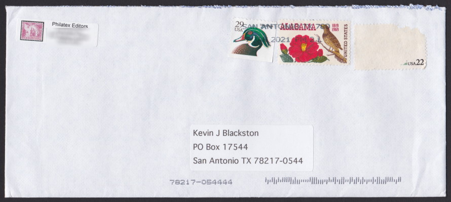 Front of cover from San Antonio Philatelic Association with scraped 22¢ stamp