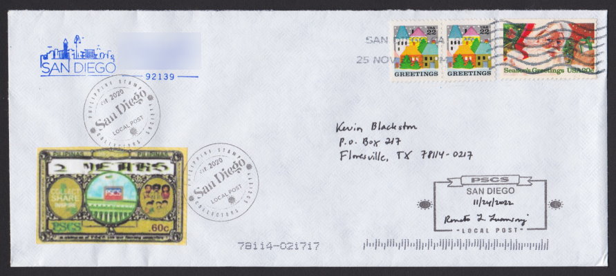 60¢ PSCS Local Post provisional stamp on cover with San Diego and PSCS Local Post cancellations