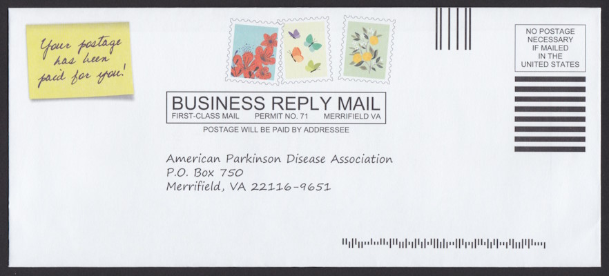 American Parkinson Disease Association business reply envelope bearing three stamp-sized designs picturing flowers and butterflies